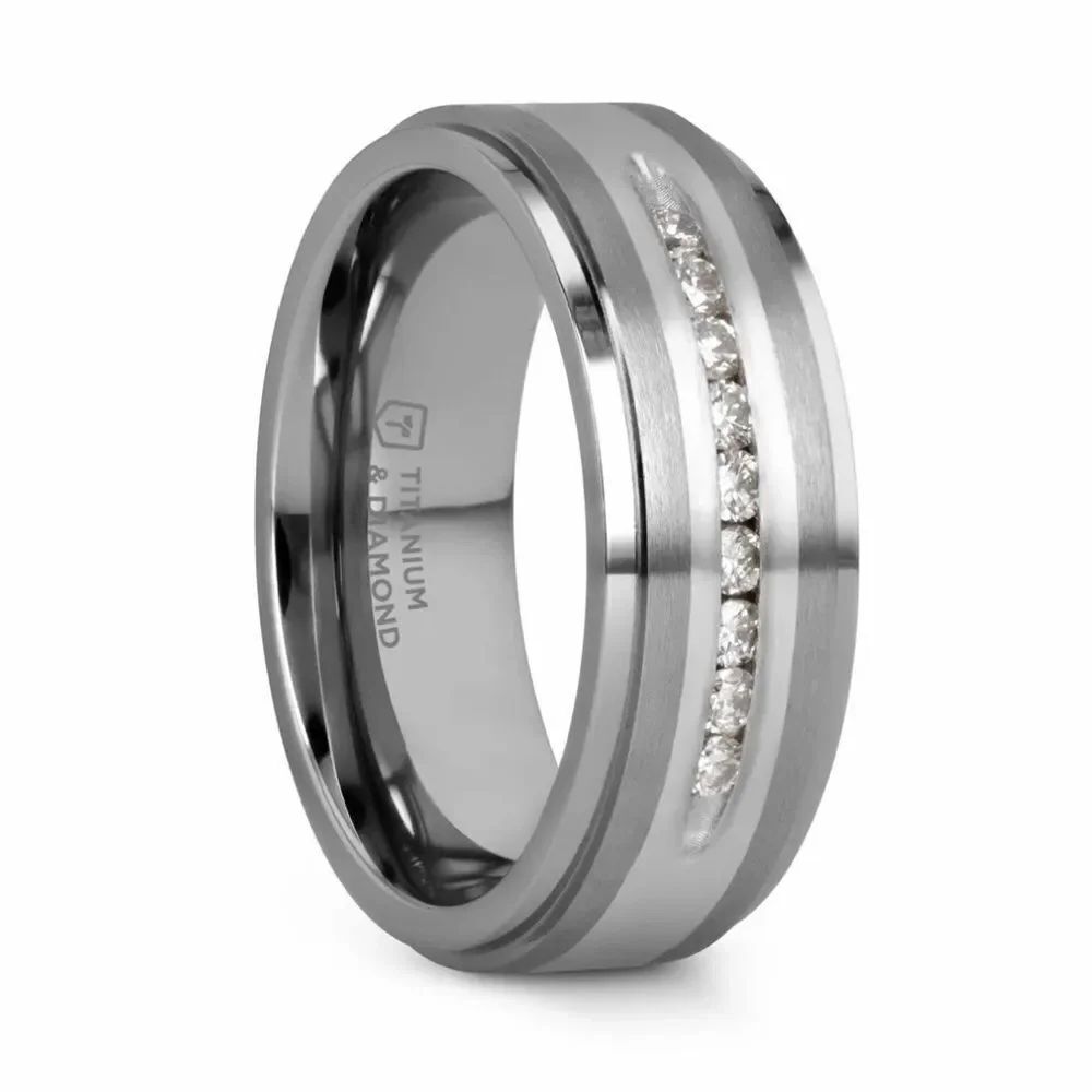 Thorsten Bond Men’s Wedding Band Size 9 Flat Brushed Silver Inlaid Titanium with